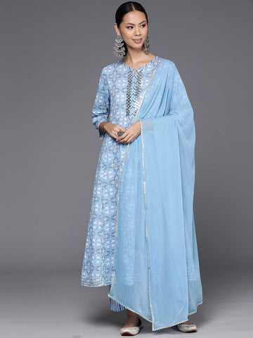Varanga Women Blue Mirror Embroidered Anarkali Kurta With Bottom And Dupatta With Gota Lace